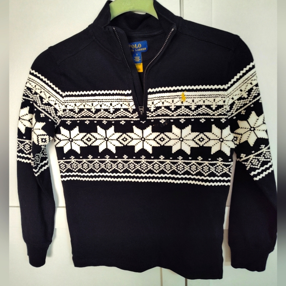Polo Ralph Lauren Little Boys Fair Isle Double Knit  1/4 Zip Pullover Black Sz 7